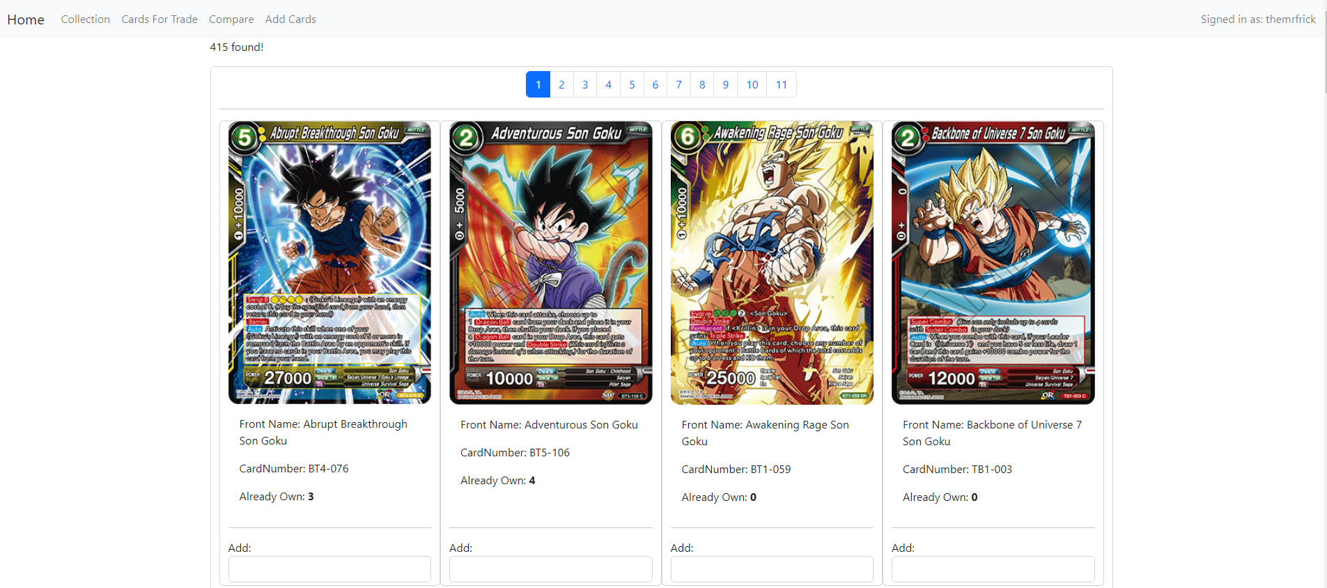 Screenshot of adding cards to collection from the database